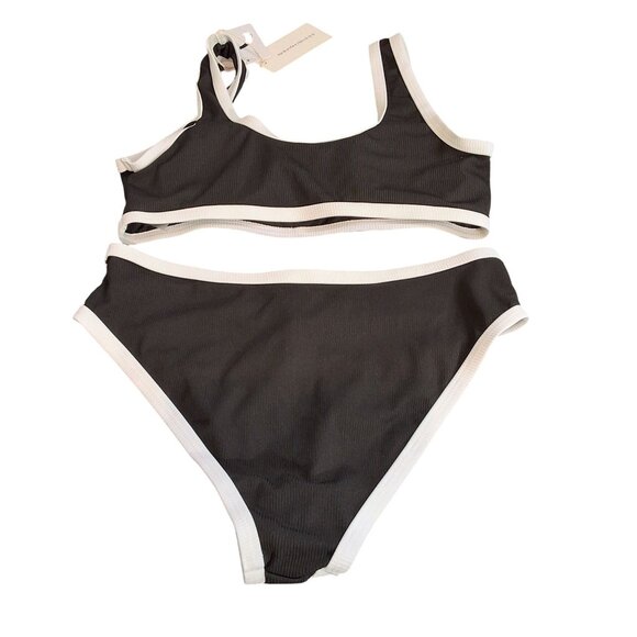 Contrast Binding Two-Piece Bikini Set With Button Accents Sz M Black/White - Picture 4 of 7